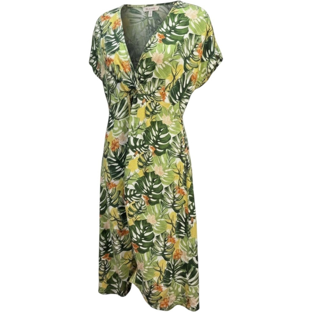 America & Beyond‎ Tropical Palm Leaf Maxi Coverup Dress Green Yellow V-Neck